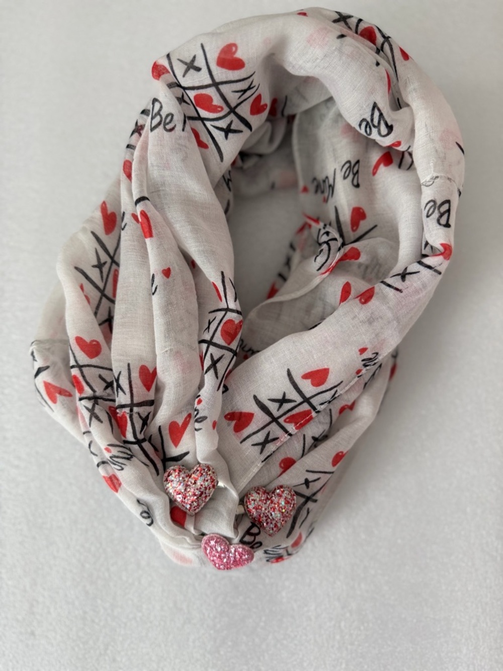 Romantic Heart Print Scarf Red White Valentine Sheer Lightweight Wrap “Be Mine”